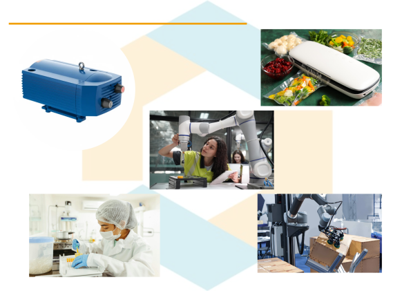 Dry Rotary Vane Pumps used in food packaging, robotics automation, and laboratory applications.